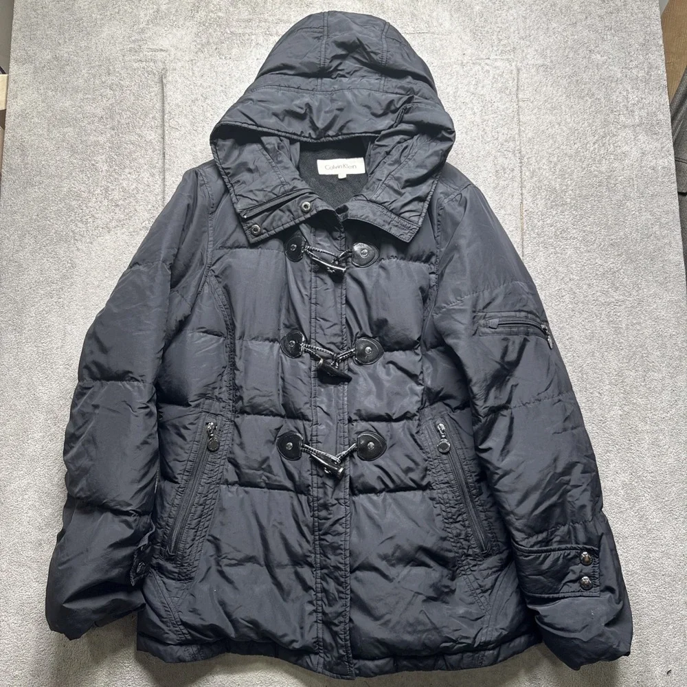 Calvin Klein Mens Black Hooded Toggle Quilted‎ Jacket Large Classic Winter